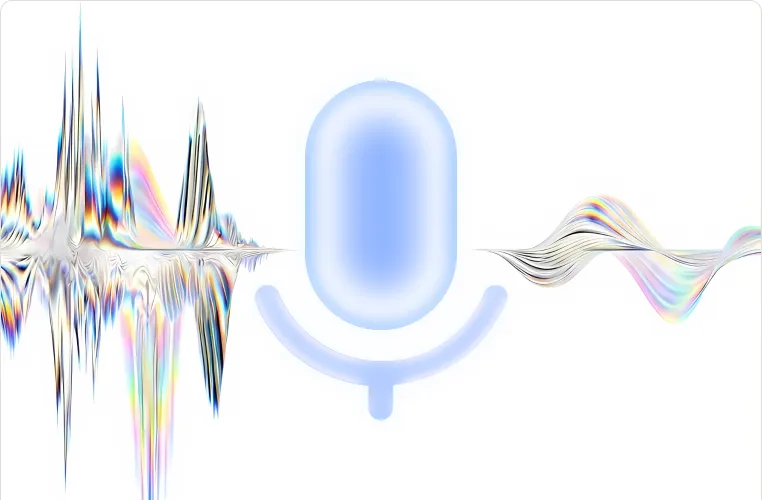 Иллюстрация работы шумоподавления: звук с шумами проходит через микрофон, он обрабатывается и получается чистый звук